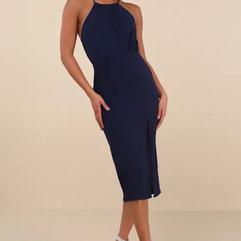 Lulu's Navy Halter Midi Dress with Front Slit